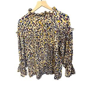 ROCKIN C Leopard Print Ruffle Neck Tie Blouse Women Size Medium